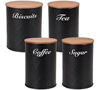 HOCHSTE Kitchen Canister Sets Black Tea Coffee Sugar Canisters with Large Biscuit Tin Airtight Bamboo Lid - Set of 4 Round Jars 13cm High