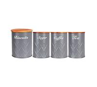 HOCHSTE Kitchen Storage Tins 4pcs Canister Set Bamboo Lid Tea Coffee Sugar Jar (Grey - 4 Round Jars)