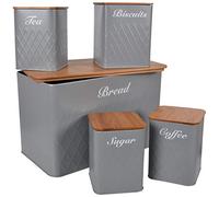 HOCHSTE Kitchen Storage Tins 5pcs Canister Set Bamboo Lid Bread Bin Tea Coffee Sugar Jar Square Jar Grey X-Large (24cm High)