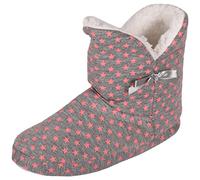 HOCHSTE Ladies Slipper Bootie Ankle Slip on Bootee Warm Fleece Fur Line Cosy Fur Grey Pink Star 3/4