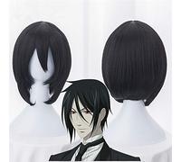 Hochwertige Kuroshitsuji Black Butler Sebastian Michaelis Kurze schwarze hitzebeständige Perücken Anime Kostüm Cosplay Perücke + Perückenkappe KUZW017A