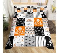 Hockey Double Duvet Cover for Boys Girls Kids,Ice Hockey Puck Theme Bedding Set Vintage Sports Decor for Boys Room,Ball Games Duvet Cover Geometric Patchwork Bed Set (No Comforter) 3Pcs
