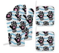 Hockey Elements Creative Patterned Oven Mitts and Pot Holders 4PCS Set Heat Resistant Kitchen Potholders Non-Slip Oven Mit, Hot Pads, Soft Cotton Lining, Baking Gloves for Cooking BBQ Grilling