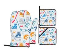 Hockey Elements Creative Patterned Printed Pot Holders and Oven Gloves, 4pc Kitchen Set Heat Resistant, for Grilling
