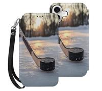 Hockey Puck And Stick Sliding Across The Ice Phone Case Wallet Case Compatible with iPhone 16 Plus