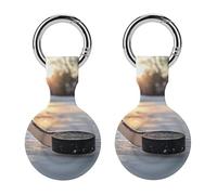 Hockey Puck And Stick Sliding Across The Ice Protective Case Compatible for Airtag Silicone Tracker Holder Tracker Cover with Key Ring 2PCS