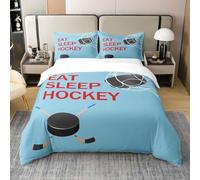 Hockey Super King Duvet Cover Set 3D Printed Blue Sports Bedding Set Ultra Soft Microfiber Quilt Cover 220x260 cm for Double Bed with 2 Pillowcases with Zipper L.1104