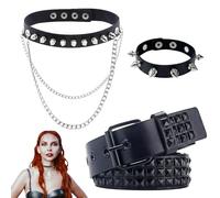 Hocklliy 3 Pcs Studded Belt Bracelet and Goth Choker Necklace, PU Leather Adjustable Black Rivet Belt with Studded Design for Men Women Fancy Dress
