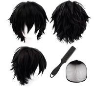 Hocklliy Anime Wig Black 12 Inch/30 cm Short Black Wig Adults Short Wig With Side Bangs with Cap & Split End Remover for Cosplay Daily Use
