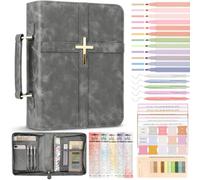 HOCLBAK Leather Bible Cover Case for Men Women Gold Cross Study Supplies | Premium PU Leather Bible Bag with Handle, Perfect for Church Sunday School Devotion, Christian Gift for Men Women(Grey)