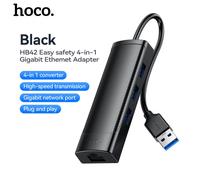 HOCO HB42 4-in-1 USB Gigabit Ethernet Adapter (USB 3.0*3/ RJ45 LAN) Aluminium Hub - 0.2M - Black