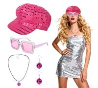 HOCUCHELAND 5 Pcs 70s Sequin Hat Abba Accessories 70s Fancy Dress Accessories with Square Sunglasses Earrings and Necklace, Disco Costume Set for Women Retro Theme Party Birthday Dance