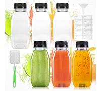 HOCUCHELAND 6 Pack 11.84oz/350ml Plastic Juice Bottles, Shot Bottles with Lids Funnel Brush Stickers, Leak-Proof and Reusable, Small Shot Bottle for Various Homemade Fruit Drinks Milk Water Beverages