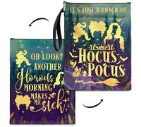 Hocus Pocus Book Sleeve for Women - Zippered Book Cover with Magic Theme Gifts for Book Lovers, Christmas, Birthday, Graduation, Halloween Gift Idea (Purple&Green, Large)