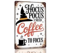 Hocus Pocus I Need Coffee to Focus Metal Sign Retro Witch Halloween Decorations for Coffee Shops Offices Kitchens Cafes Home Bars Halloween Parties Restaurants and Workspaces 8x12 Inch
