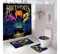 Hocus Pocus Shower Curtain Set with Non-Slip Rugs, Toilet Lid Cover and Bath Mat, 4 Pcs Hocus Pocus Decor for Bathroom, Halloween Bathroom Decorations with Hooks 71" x 71" (Black)