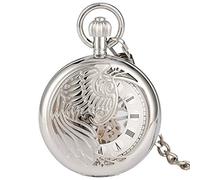 HODAGES Pocket Watch Half Cover Silver/Gold Wings Mechanical Pocket Watches Roman/Arabic Numerals Dial Vintage Pendant Mechanical Watch Chain (Manual Mechanical)