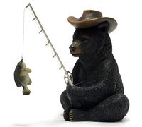 Hodao Black Bear Fishing Figurines Decoration Summer Bear Crafts for Home Office Desk Decor Statue for Tabletop Shelf Decoration Ornament Gifts Decor for Beach Fishing Lovers (Black)