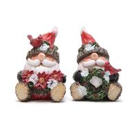 Hodao Christmas Santa Gnome Figurines, Set of 2 - Red Hat Woodland Gnomes with Cardinal, Poinsettia Bouquet & Holiday Wreath - Winter Decor & Gift for Tiered Tray, Mantel, Tabletop, Windowsill