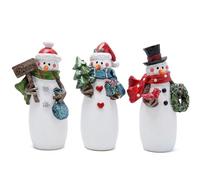 Hodao Christmas Snowman Figurines Set of 3 - Hand-Painted Resin Snowmen with Christmas Tree, Gift Box, Wreath & Welcome Sign - Winter Decor & Gift for Tiered Tray, Mantel, Tabletop, Windowsill