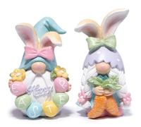Hodao Easter Gnomes with Bunny Ears - Adorable Set of 2, Hand-Carved Floral Eggs, Glitter Bows & Sparkle Carrot - Premium Resin Decor for Living Room/Table/Shelf(Brown)