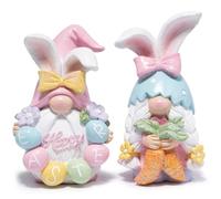 Hodao Easter Gnomes with Bunny Ears - Adorable Set of 2, Hand-Carved Floral Eggs, Glitter Bows & Sparkle Carrot - Premium Resin Decor for Living Room/Table/Shelf (White)