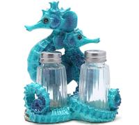 Hodao Seahorse With Salt and Pepper Shaker Figurines Decorations Set with Holder Figurine for Beach Bar or Tropical Kitchen Decor Table Decorations By Home Gifts (Seahorse-Blue)