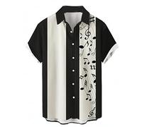 Hodaweisolp Men's Casual Short Sleeve Button Down Bowling Summer Loose Hawaiian Beach Shirts, Black Music Stripe, Medium