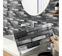 Hode 12 Pieces Brick Tile Stickers, 15cmx30cm Black Grey Stick on Tiles, Self Adhesive Wallpaper, Vinyl Wrap for Kitchen Walls Waterproof (Glossy)