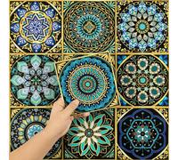 Hode Kitchen Bathroom Tile Stickers Stick on Tiles, Sticky Back Peel and Stick Self Adhesive Wall, Vinyl Waterproof Green Gold Moroccan, 50pcs 15x15cm