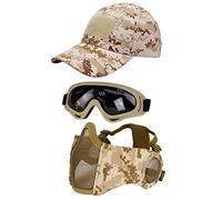 Hodeacc 3 Pcs Tactical Airsoft Mask Goggles Baseball Cap Set,Adjustable Half Face Mesh Mask with Ear Protection,Airsoft Glasses Eye Protection Outdoor Hat for Outdoor BB/CS Game