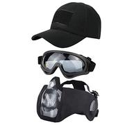 Hodeacc 3 Pcs Tactical Airsoft Mask Goggles Baseball Cap Set,Adjustable Half Face Mesh Mask with Ear Protection,Airsoft Glasses Eye Protection Outdoor Hat for Outdoor BB/CS Game