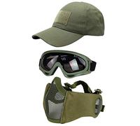 Hodeacc 3 Pcs Tactical Airsoft Mask Goggles Baseball Cap Set,Adjustable Half Face Mesh Mask with Ear Protection,Airsoft Glasses Eye Protection Outdoor Hat for Outdoor BB/CS Game