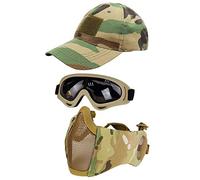 Hodeacc 3 Pcs Tactical Airsoft Mask Goggles Baseball Cap Set,Adjustable Half Face Mesh Mask with Ear Protection,Airsoft Glasses Eye Protection Outdoor Hat for Outdoor BB/CS Game