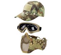 Hodeacc 3 Pcs Tactical Airsoft Mask Goggles Baseball Cap Set,Adjustable Half Face Mesh Mask with Ear Protection,Airsoft Glasses Eye Protection Outdoor Hat for Outdoor BB/CS Game