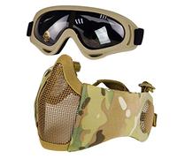 Hodeacc Airsoft Mask and Goggles Set,Half Face Metal Mesh Mask with Ear Protection,Airsoft Glasses Eye Protection for Outdoor Hunting CS Game (CP Mask)