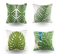 Hodeco Embroidery Throw Pillow Cover 18x18 Decor Tropical Leaves Floor Pillow Cover for Couch Chair Bed Room 100% Cotton Cushion Cover 45x45cm Pillowcase, Green Leaf Plant Embroidered, Pack of 4