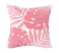 Hodeco Embroidery Throw Pillow Covers 18x18 Inches Floor Pillow Cover for Couch Bed Room Chair 100% Cotton Loop Embroidered Pink Tropical Leaves Cushion Cover Square Pillow Case 45x45cm, 1 Piece