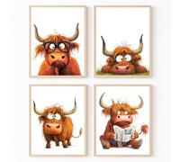 Hodge Creations Funny Highland Cows Set of 4 Unframed A4 Prints Wall Art Decor Picture Poster New Gift Present SELECT SIZE BELOW A5 A4 A3