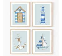 Hodge Creations Nautical Beach Hut Ships Anchor Sail Boat Lighthouse Watercolour Style A4 Set of 4 Unframed Prints Wall Art Decor Picture Poster New Gift Present SELECT SIZE BELOW A5 A4 A3