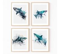 Hodge Creations Shark Watercolour Splash Design Set of 4 A3 Unframed Prints Wall Art Decor Picture Poster New Gift Present SELECT SIZE BELOW A5 A4 A3
