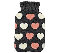 Hodge & Hodge Grey Hot Water Bottle Soft Knit Cover 2 Litre - Hearts