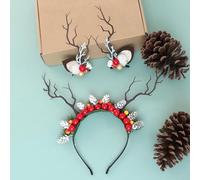HODIHIWI Antler Headband Hair Clips Reindeer Horns Crown with Ears Fairy Flower Woodland Headpiece for Women Girls Christmas Cosplay Prom Halloween Cosplay Photo Shoot