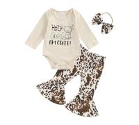 HodJIU 3Pcs Baby Girl Clothes Short Sleeve Letter Romper + Floral Cow Print Flare Pants + Headband Wester Cowgirl Outfit Set (Ivory Holy Cow, 6-12 Months)