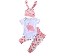 HodJIU Baby Boy Girl My First Easter Outfits Romper + Bunny Pants + Rabbit Ears Hat 3 Piece Clothes Set Easter Gifts Newborn Unisex (pink, 3-6 Months)