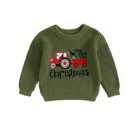 HodJIU Baby Boys Girls Christmas Jumper Long Sleeved Knitted Sweater Pullover Newborn My First Christmas Outfits Winter Knitwear Xmas Top (Army Green Tractor, 9-12 Months)
