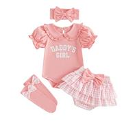 HodJIU Baby Girls 4PCS Summer Outfits Cute Short Sleeve Doll Collar Daddy’s Girl Romper Tiered Ruffled Plaid Print Shorts Tutu Skirts Headband Socks Set Newborn Girl Clothes