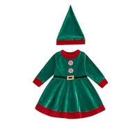 HodJIU Baby Girls Elf Costume Infant Christmas Green Romper Dress Velvet Party Dresses with Hat Striped Socks Set Kids 3pcs Xmas Outfits Green Suit (C-Green, 6-12 Months)