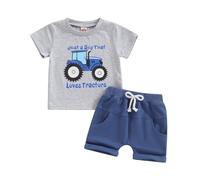 HodJIU Ensemble Vêtements d’été Bébé Garçon T-Shirt Rayé Imprimé Tracteurs à Manches Courtes et Short 2 Pièces (Blue Just A Boy, 6-12 Months)