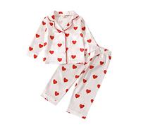 HodJIU Kids Baby Boy Girl Cotton Pajamas Set Pjs Valentine's Day Pyjamas 2 Pcs Long Sleeve Button Sleepwear Shirt Tops Long Pants Nightwear Homewear Heart Printed Outfit (Red, 2-3 Years)